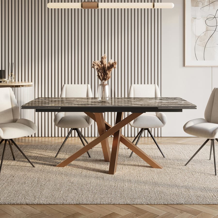 Table &agrave; manger rectangulaire extensible effet marbre gris pieds en m&eacute;tal dor&eacute;